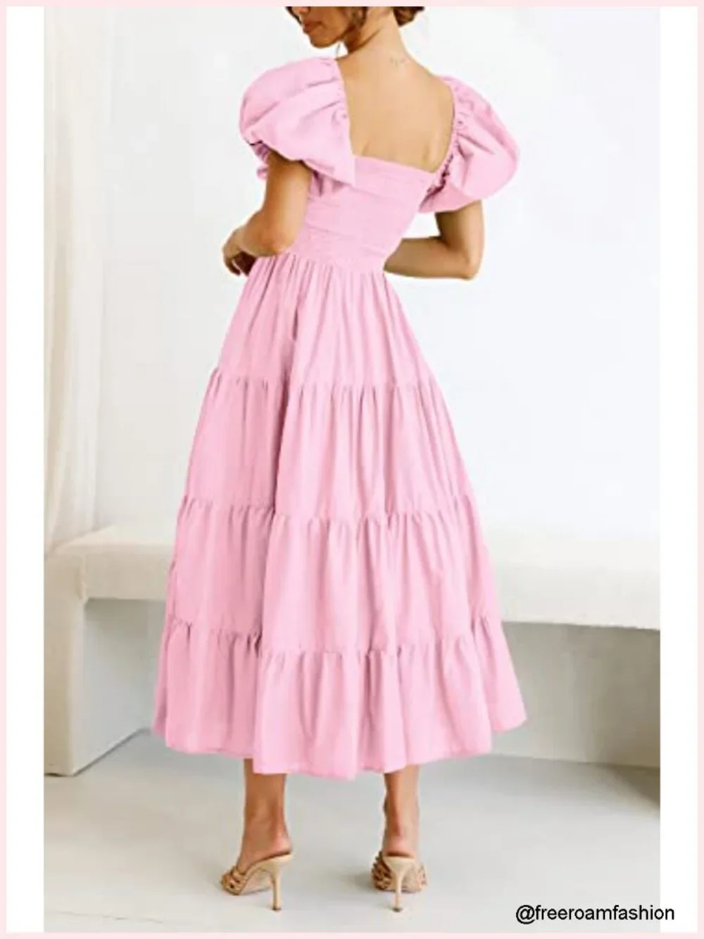 Casual Summer Midi Dress Puffy Short Sleeve Square Neck Smocked Tiered Ruffle